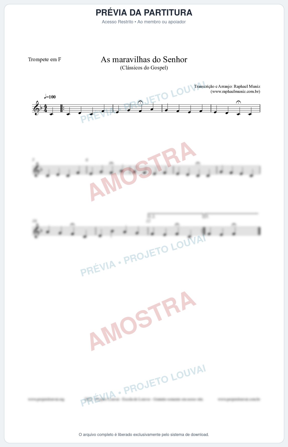 Prévia protegida da primeira página da partitura Partitura para Trompete em F - As maravilhas do Senhor - Salmos e Hinos nº213 - Clássicos do Gospel