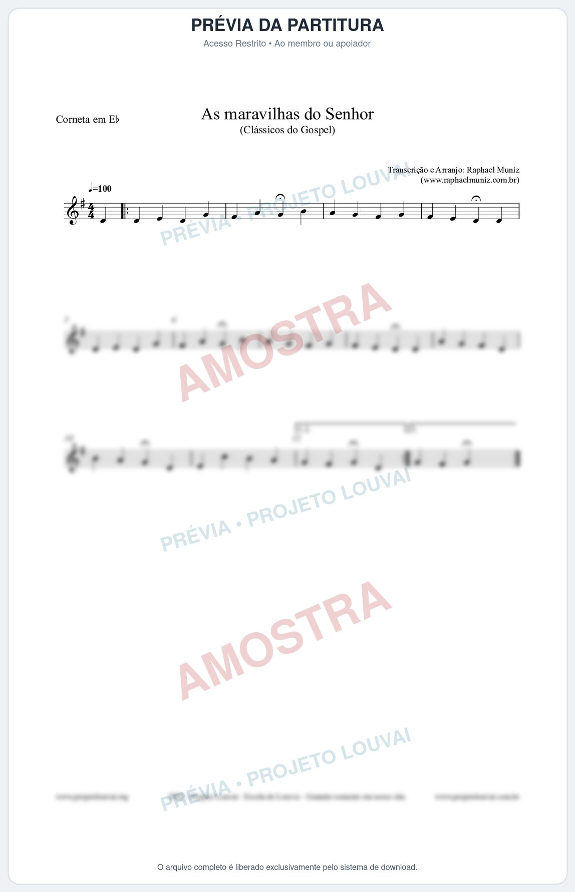 Prévia protegida da primeira página da partitura Partitura para Corneta em Eb - As maravilhas do Senhor - Salmos e Hinos nº213 - Clássicos do Gospel