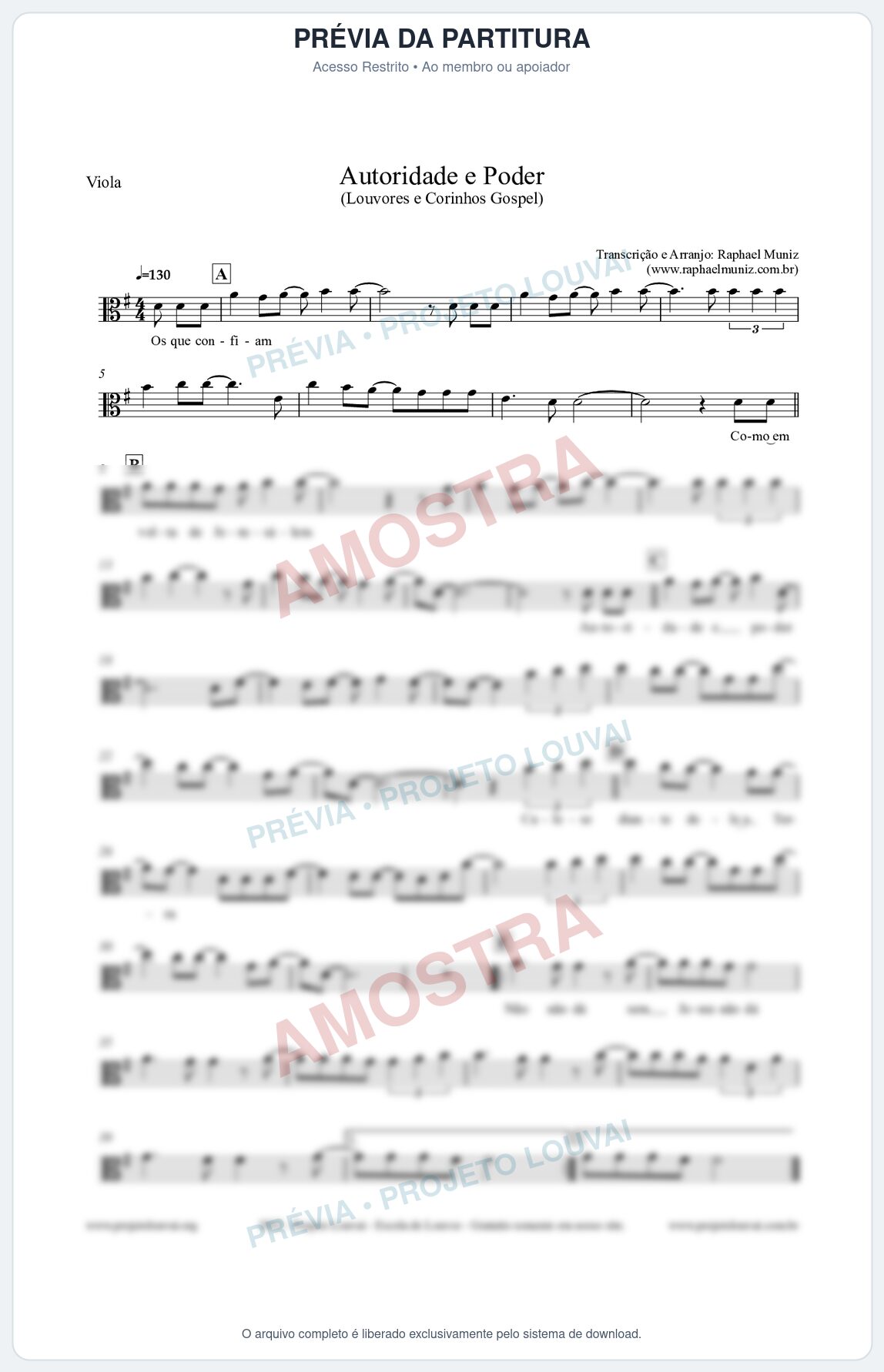 Prévia protegida da primeira página da partitura Partitura para Viola - Autoridade e Poder - Louvores e Corinhos Gospel
