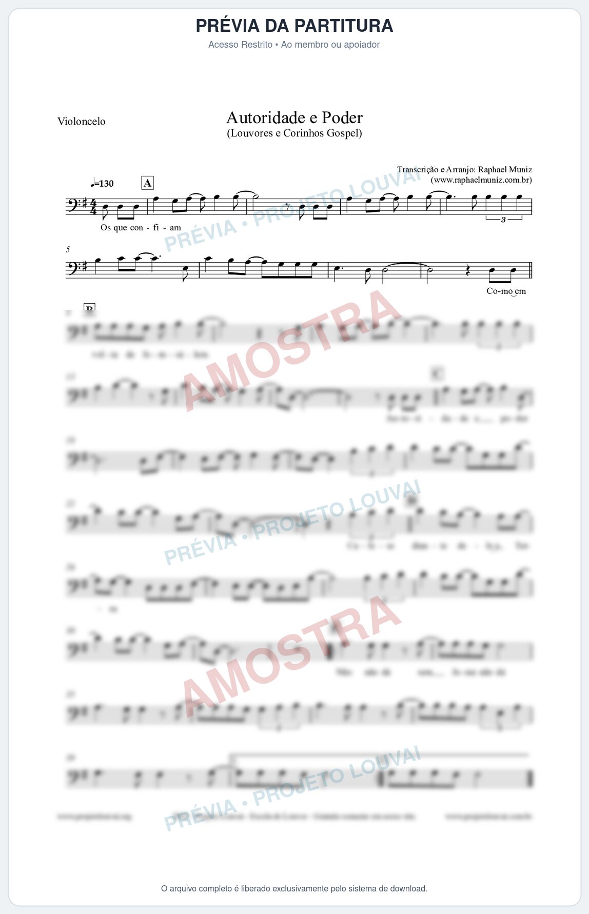 Prévia protegida da primeira página da partitura Partitura para Violoncelo - Autoridade e Poder - Louvores e Corinhos Gospel