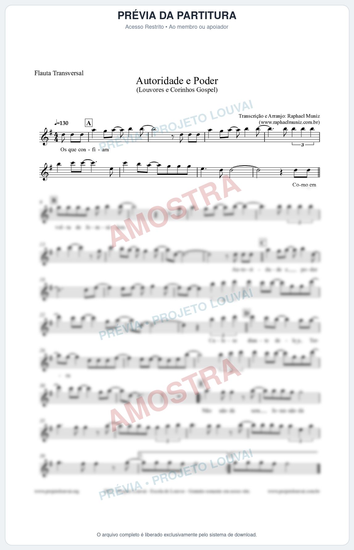 Prévia protegida da primeira página da partitura Partitura para Flauta Transversal - Autoridade e Poder - Louvores e Corinhos Gospel