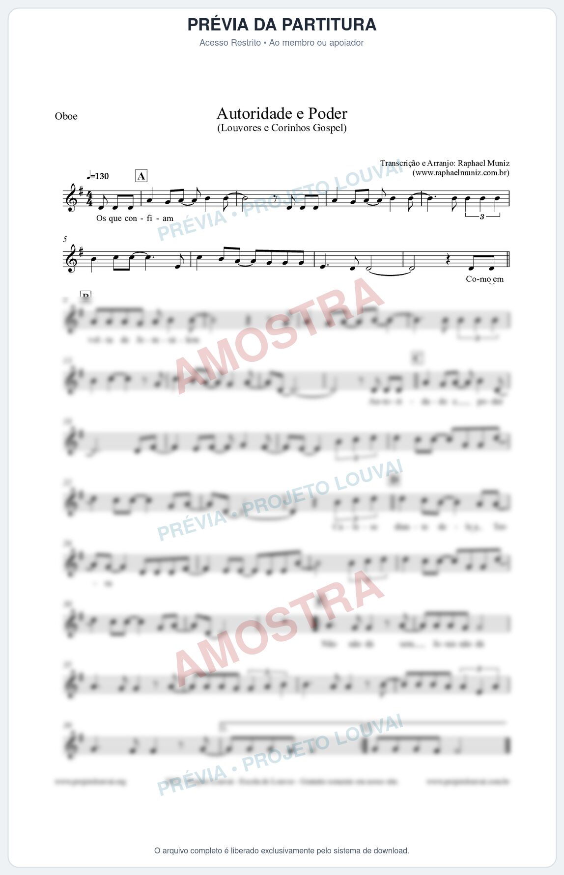 Prévia protegida da primeira página da partitura Partitura para Oboé - Autoridade e Poder - Louvores e Corinhos Gospel