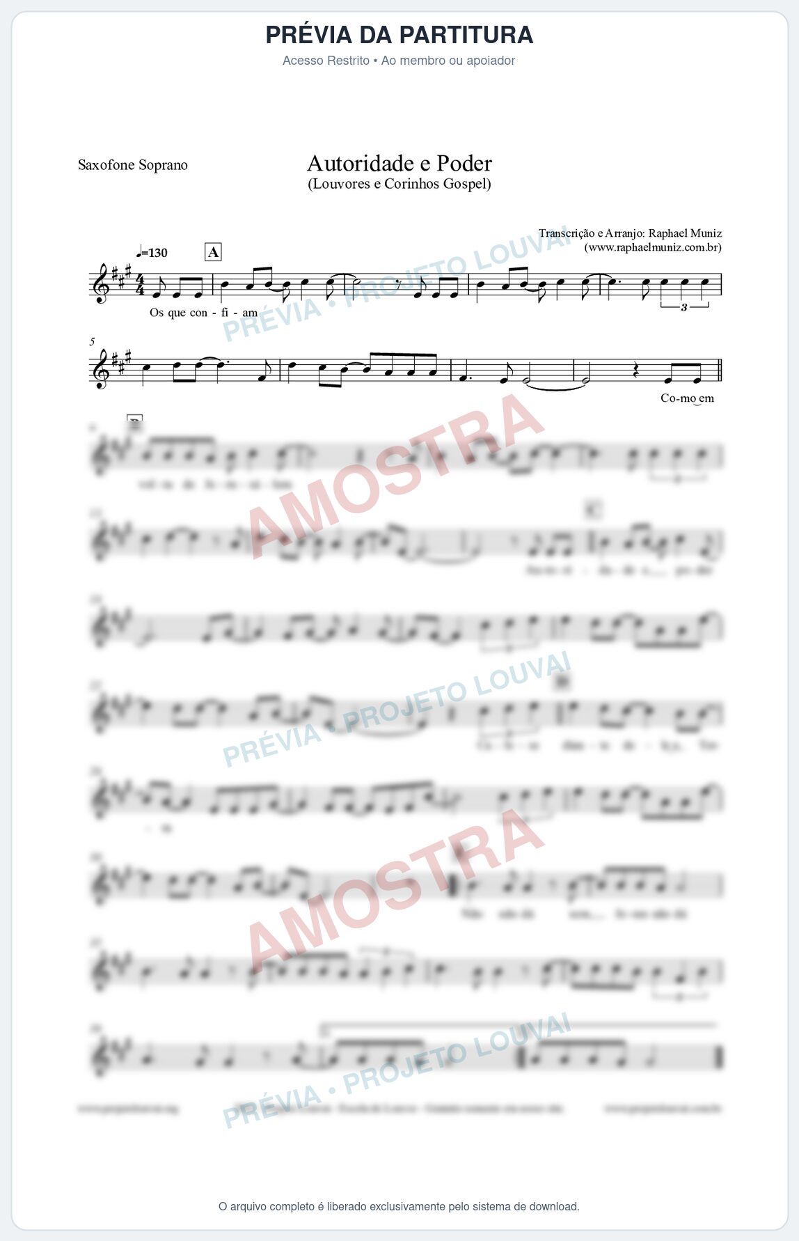 Prévia protegida da primeira página da partitura Partitura para Saxofone Soprano - Autoridade e Poder - Louvores e Corinhos Gospel