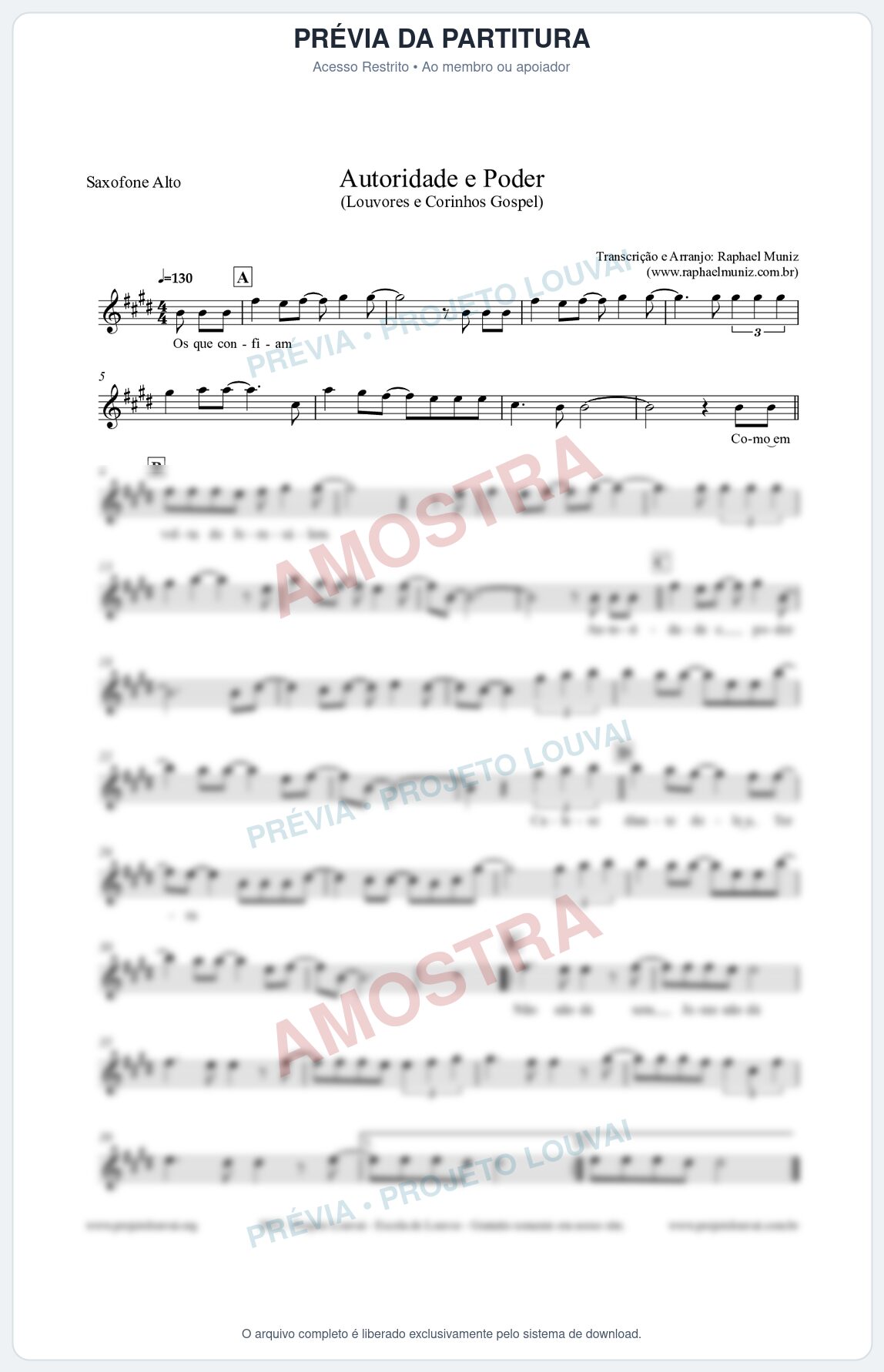 Prévia protegida da primeira página da partitura Partitura para Saxofone Alto - Autoridade e Poder - Louvores e Corinhos Gospel