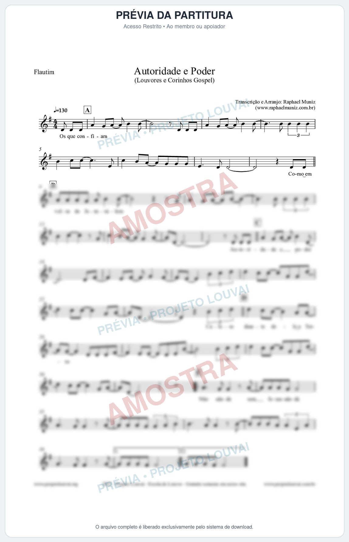 Prévia protegida da primeira página da partitura Partitura para Flautim - Autoridade e Poder - Louvores e Corinhos Gospel