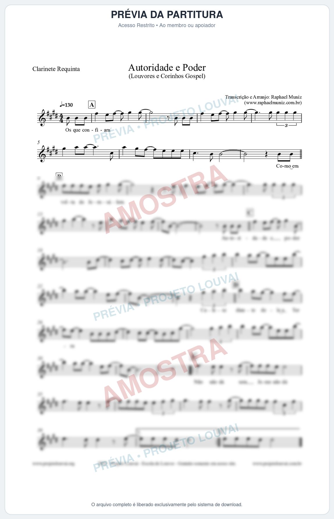 Prévia protegida da primeira página da partitura Partitura para Clarinete Requinta - Autoridade e Poder - Louvores e Corinhos Gospel