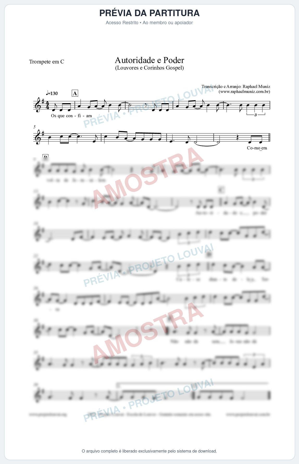 Prévia protegida da primeira página da partitura Partitura para Trompete em C - Autoridade e Poder - Louvores e Corinhos Gospel