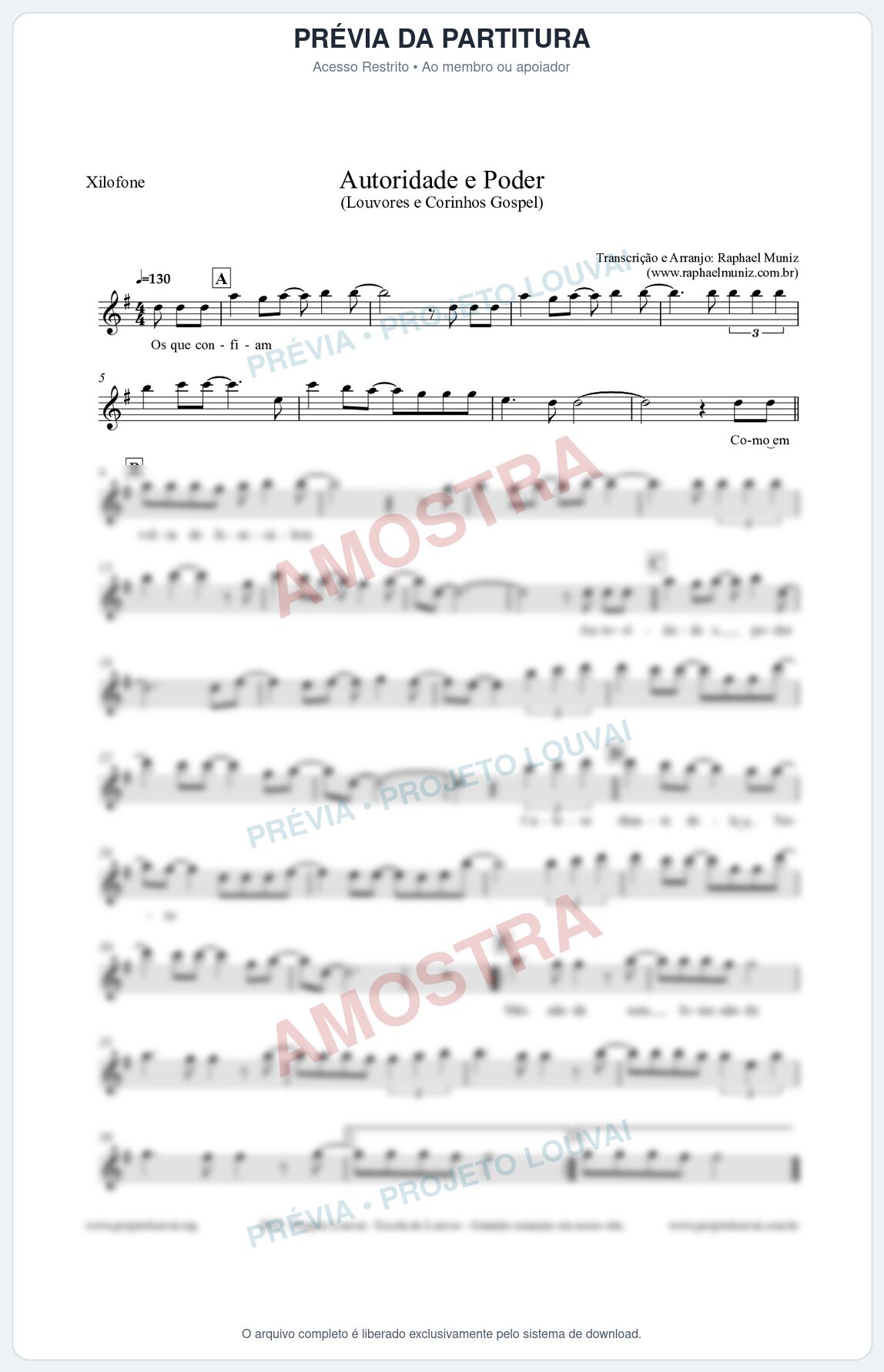 Prévia protegida da primeira página da partitura Partitura para Xilofone - Autoridade e Poder - Louvores e Corinhos Gospel