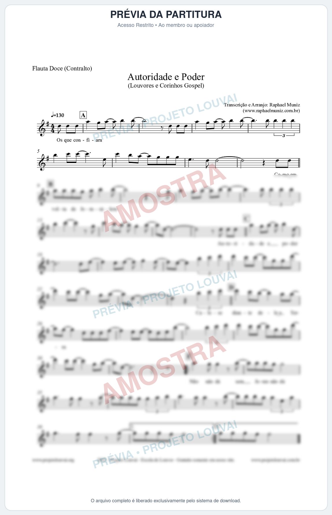 Prévia protegida da primeira página da partitura Partitura para Flauta Doce (Contralto) - Autoridade e Poder - Louvores e Corinhos Gospel