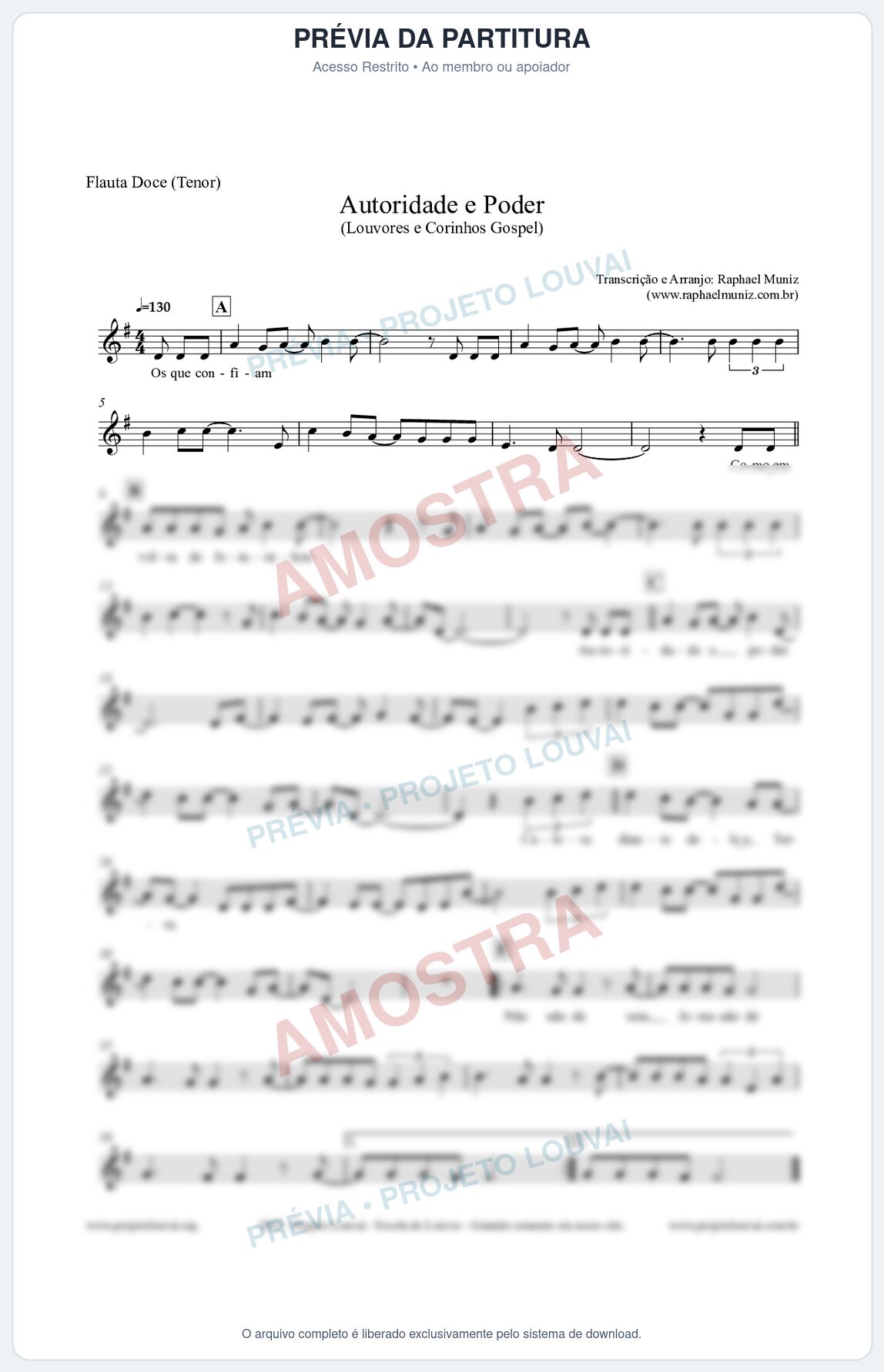 Prévia protegida da primeira página da partitura Partitura para Flauta Doce (Tenor) - Autoridade e Poder - Louvores e Corinhos Gospel