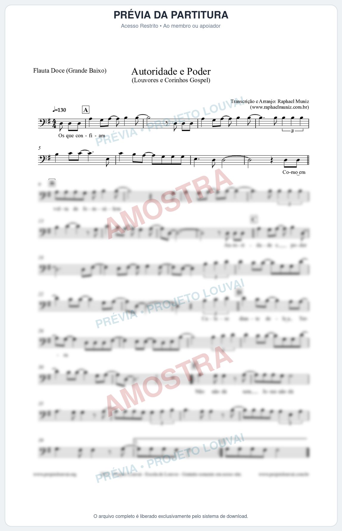 Prévia protegida da primeira página da partitura Partitura para Flauta Doce (Grande Baixo) - Autoridade e Poder - Louvores e Corinhos Gospel