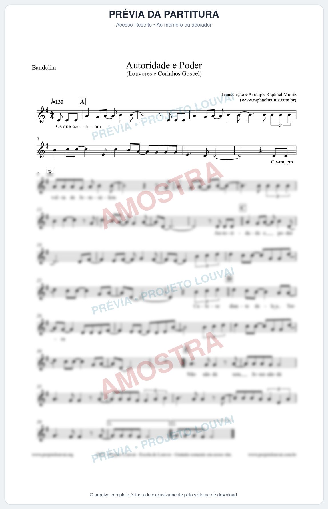 Prévia protegida da primeira página da partitura Partitura para Bandolim - Autoridade e Poder - Louvores e Corinhos Gospel