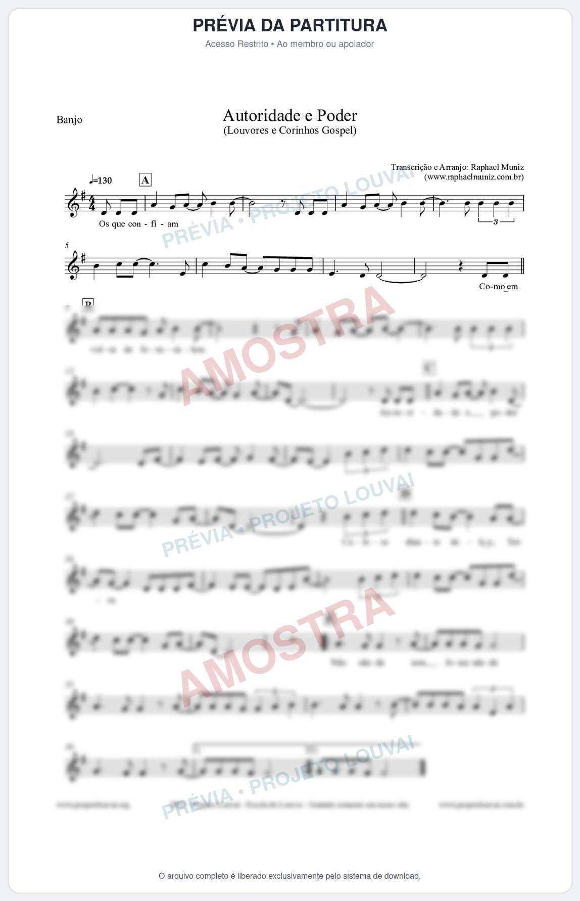 Prévia protegida da primeira página da partitura Partitura para Banjo - Autoridade e Poder - Louvores e Corinhos Gospel