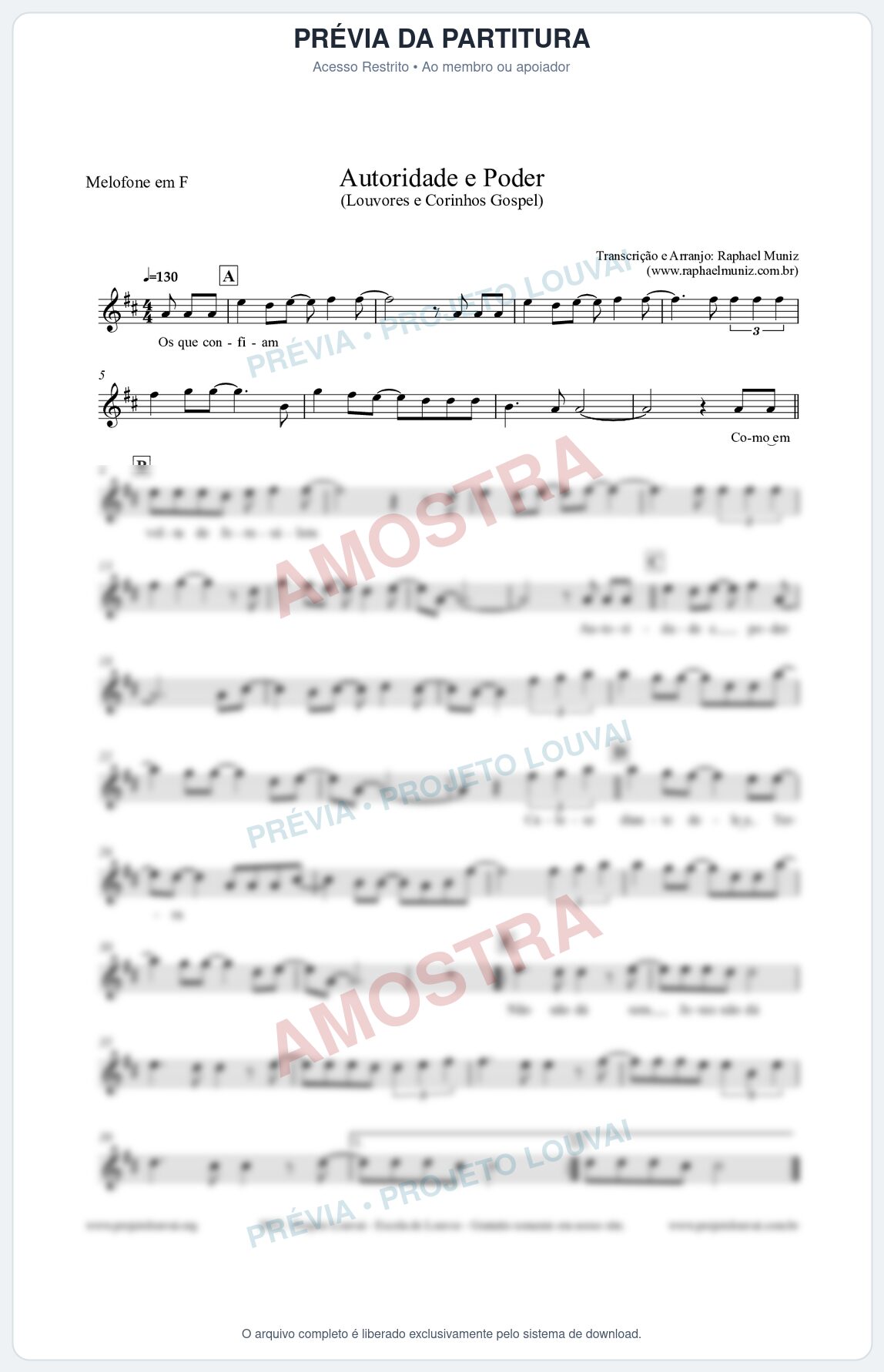 Prévia protegida da primeira página da partitura Partitura para Melofone em F - Autoridade e Poder - Louvores e Corinhos Gospel