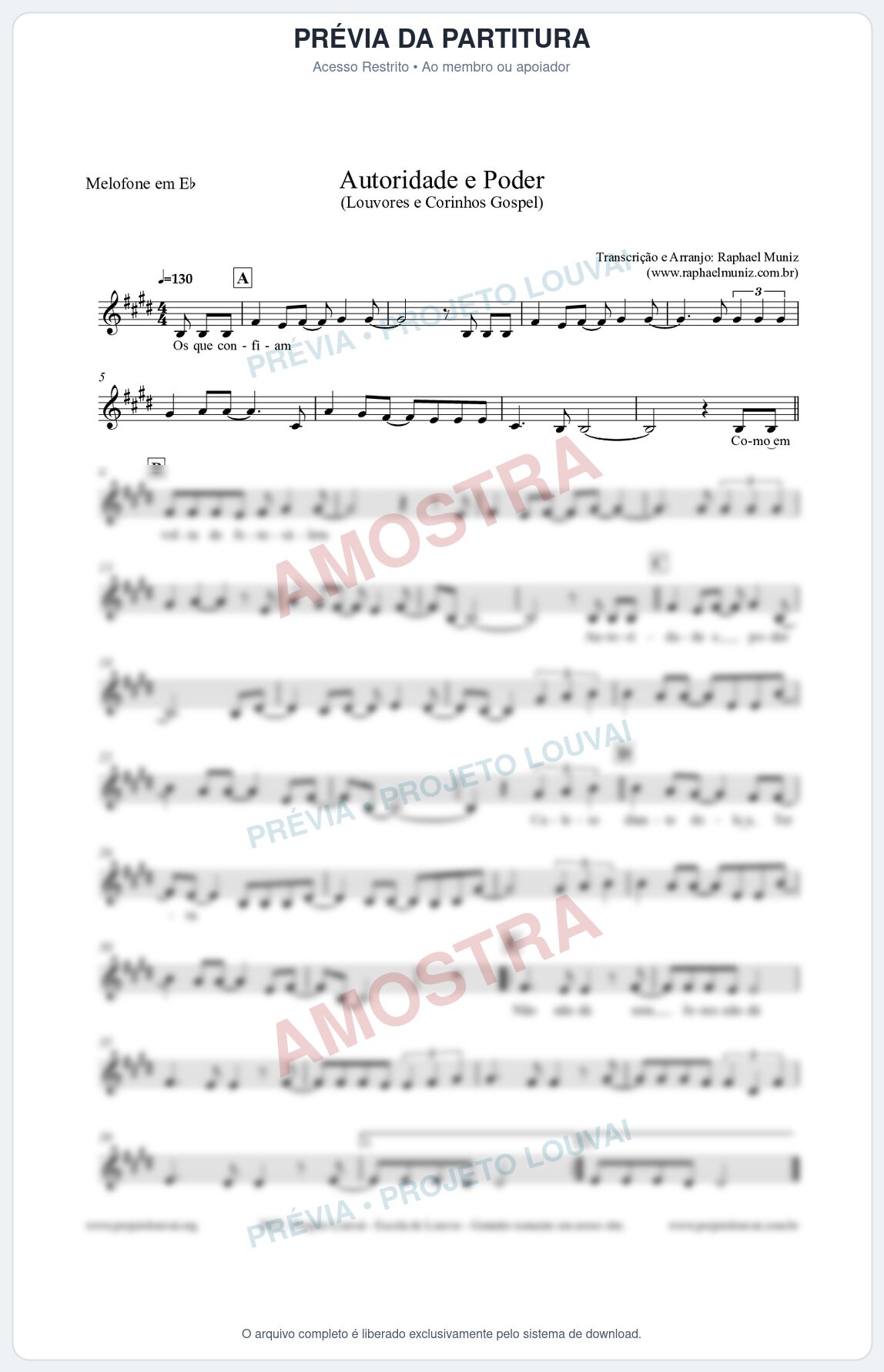 Prévia protegida da primeira página da partitura Partitura para Melofone em Eb - Autoridade e Poder - Louvores e Corinhos Gospel