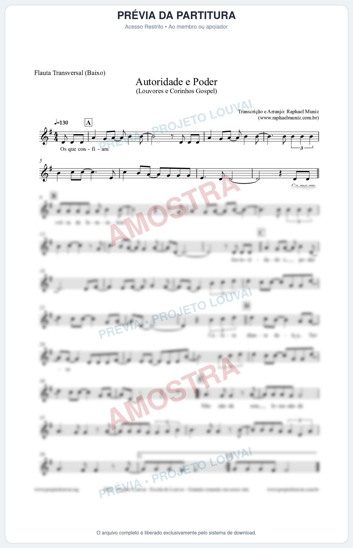 Prévia protegida da primeira página da partitura Partitura para Flauta Transversal (Baixo) - Autoridade e Poder - Louvores e Corinhos Gospel