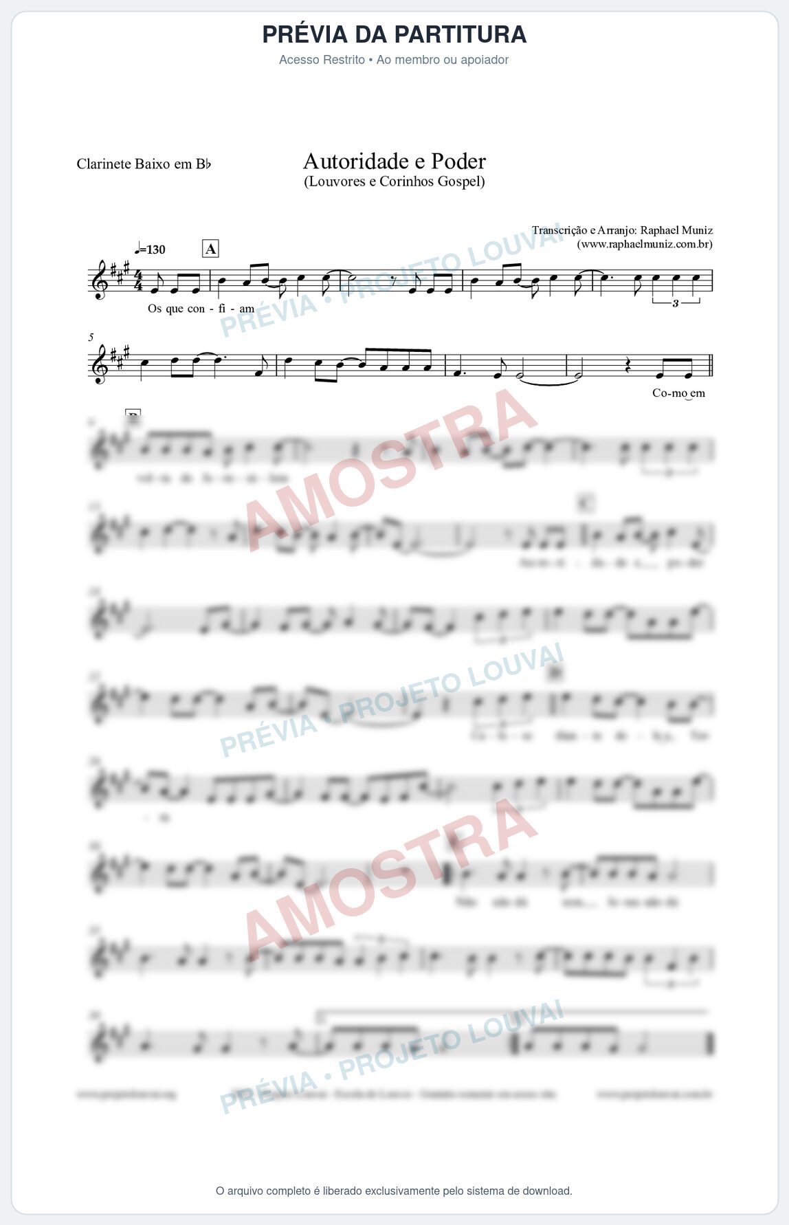 Prévia protegida da primeira página da partitura Partitura para Clarinete Baixo em Bb - Autoridade e Poder - Louvores e Corinhos Gospel