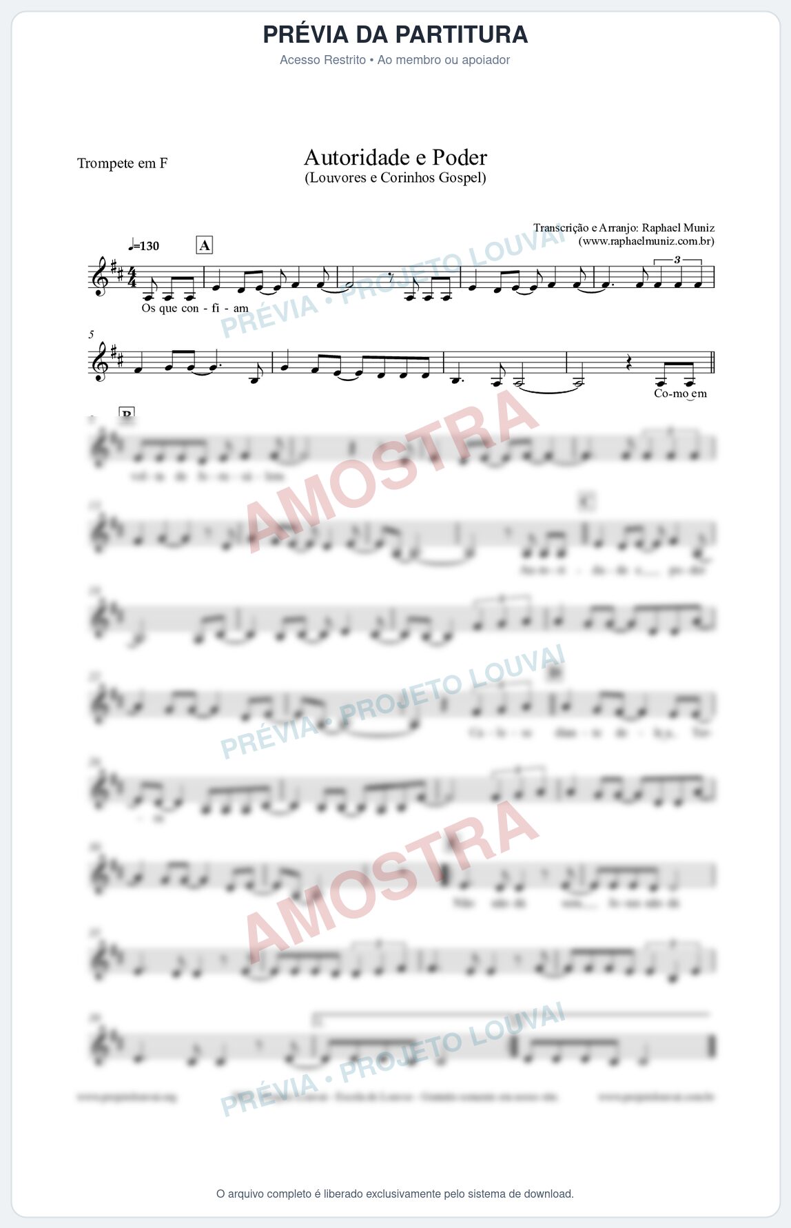 Prévia protegida da primeira página da partitura Partitura para Trompete em F - Autoridade e Poder - Louvores e Corinhos Gospel