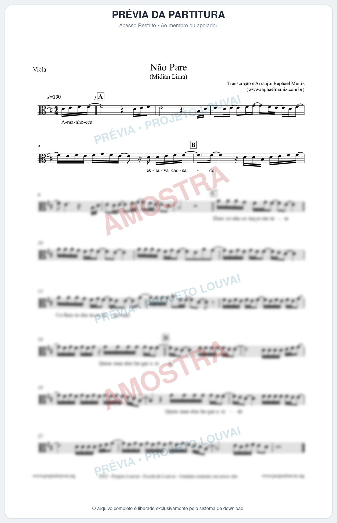 Prévia protegida da primeira página da partitura Partitura para Viola - Não Pare - Midian Lima
