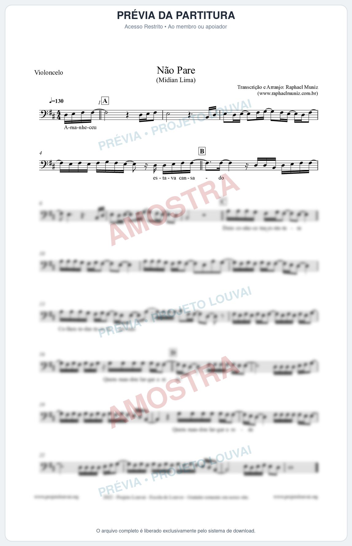 Prévia protegida da primeira página da partitura Partitura para Violoncelo - Não Pare - Midian Lima