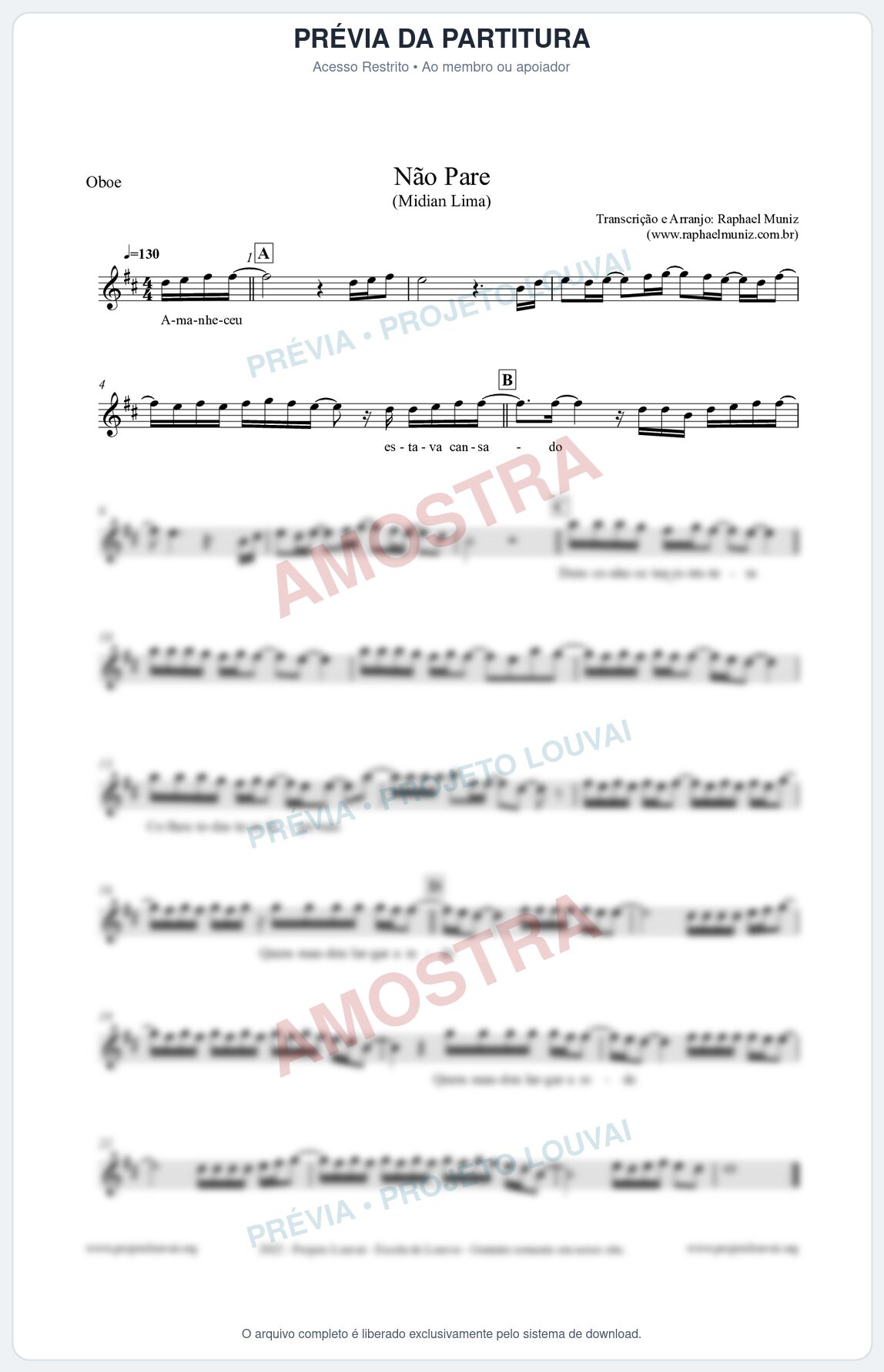Prévia protegida da primeira página da partitura Partitura para Oboé - Não Pare - Midian Lima