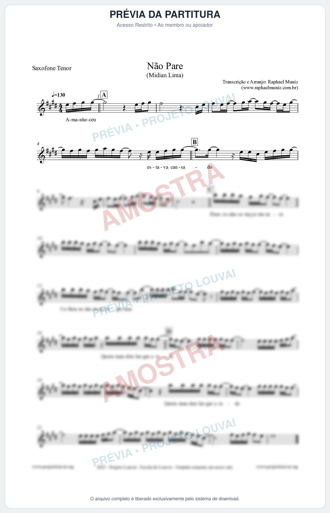 Prévia protegida da primeira página da partitura Partitura para Saxofone Tenor - Não Pare - Midian Lima