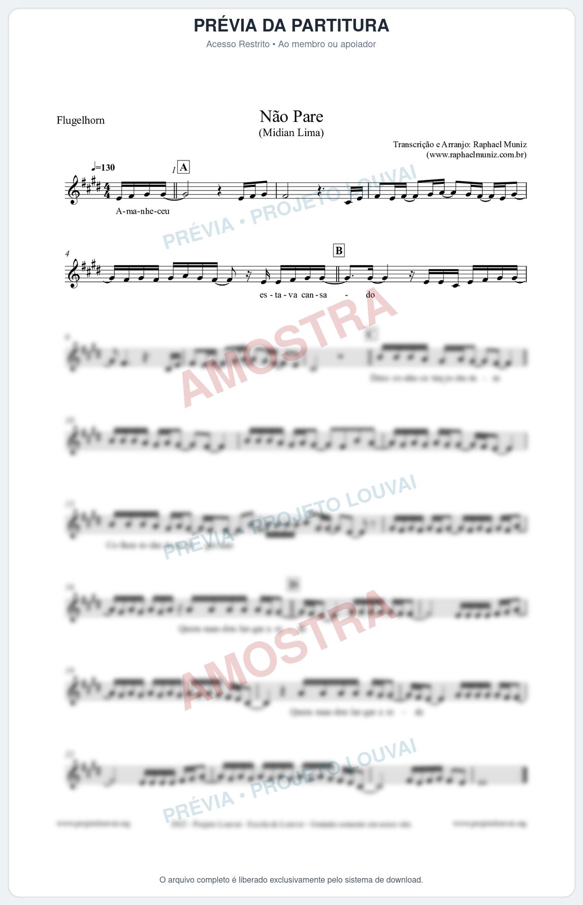 Prévia protegida da primeira página da partitura Partitura para Flugelhorn - Não Pare - Midian Lima