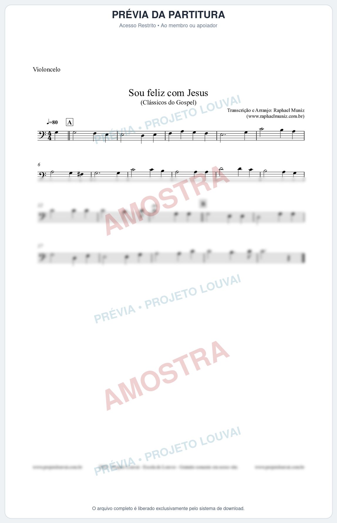 Prévia protegida da primeira página da partitura Partitura para Violoncelo - Sou feliz com Jesus - Clássicos do Gospel