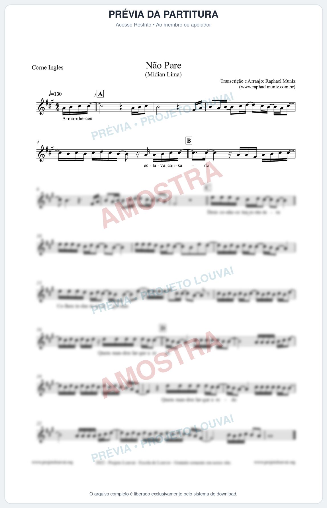 Prévia protegida da primeira página da partitura Partitura para Corne Inglês - Não Pare - Midian Lima