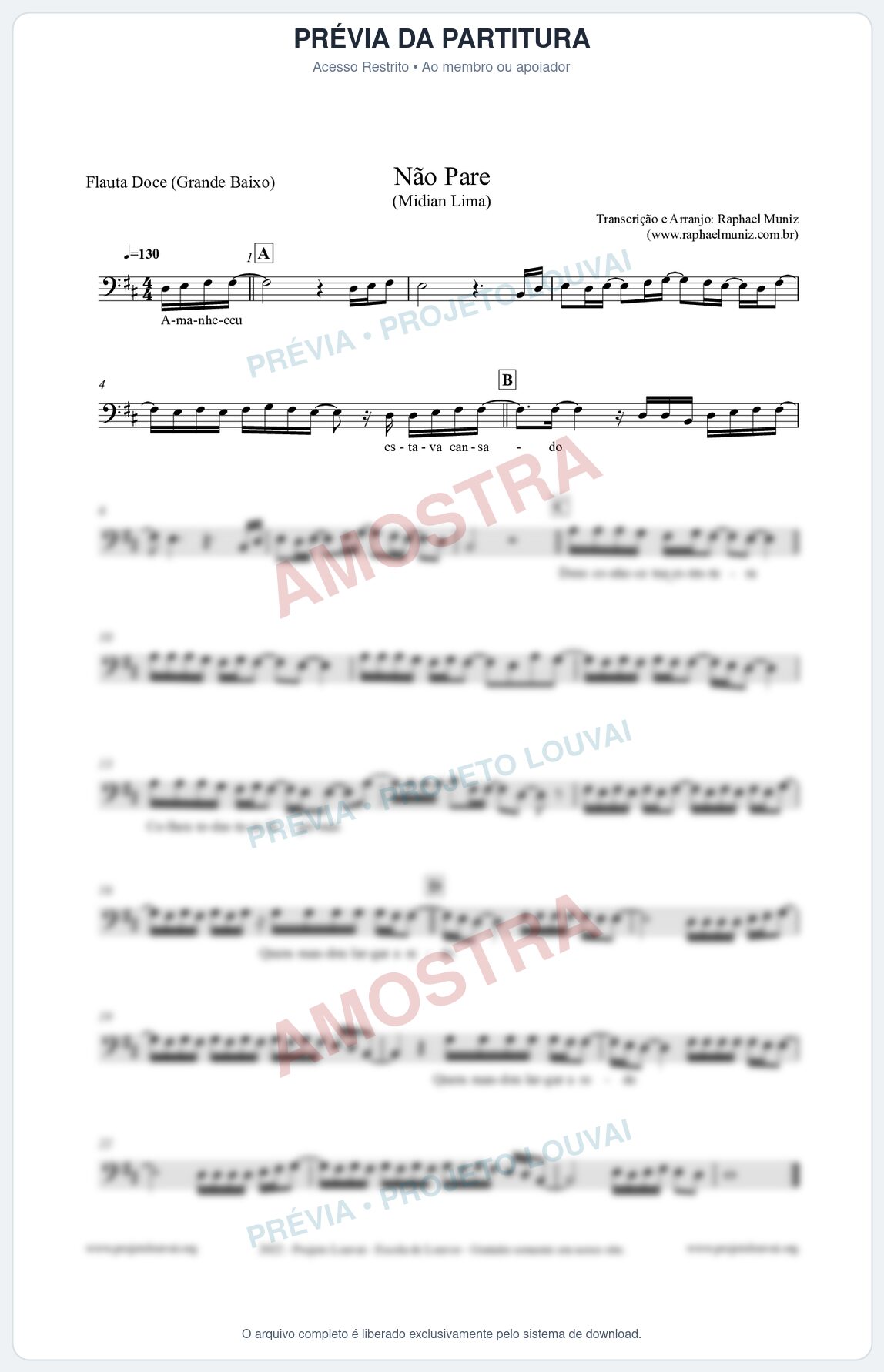 Prévia protegida da primeira página da partitura Partitura para Flauta Doce (Grande Baixo) - Não Pare - Midian Lima