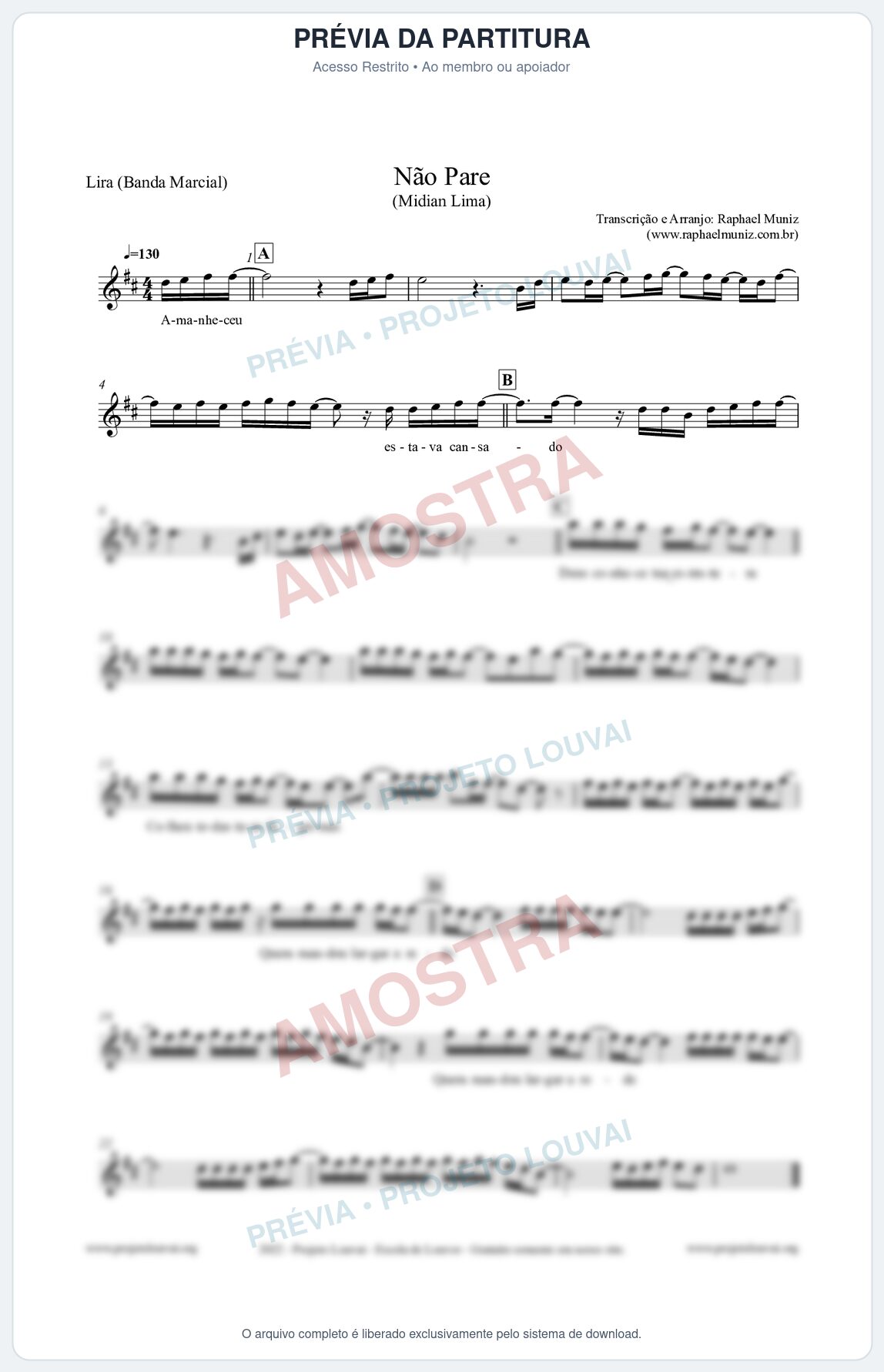Prévia protegida da primeira página da partitura Partitura para Lira (Banda Marcial) - Não Pare - Midian Lima