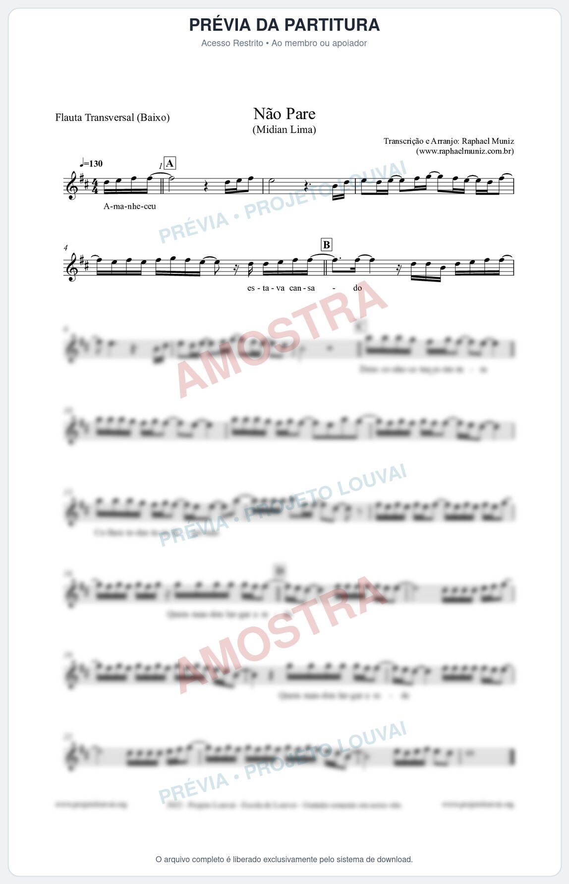 Prévia protegida da primeira página da partitura Partitura para Flauta Transversal (Baixo) - Não Pare - Midian Lima