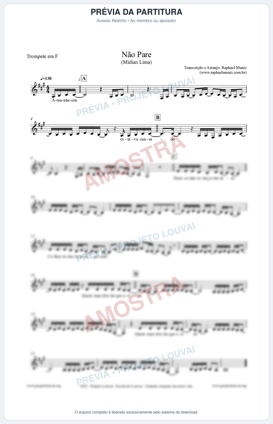 Prévia protegida da primeira página da partitura Partitura para Trompete em F - Não Pare - Midian Lima