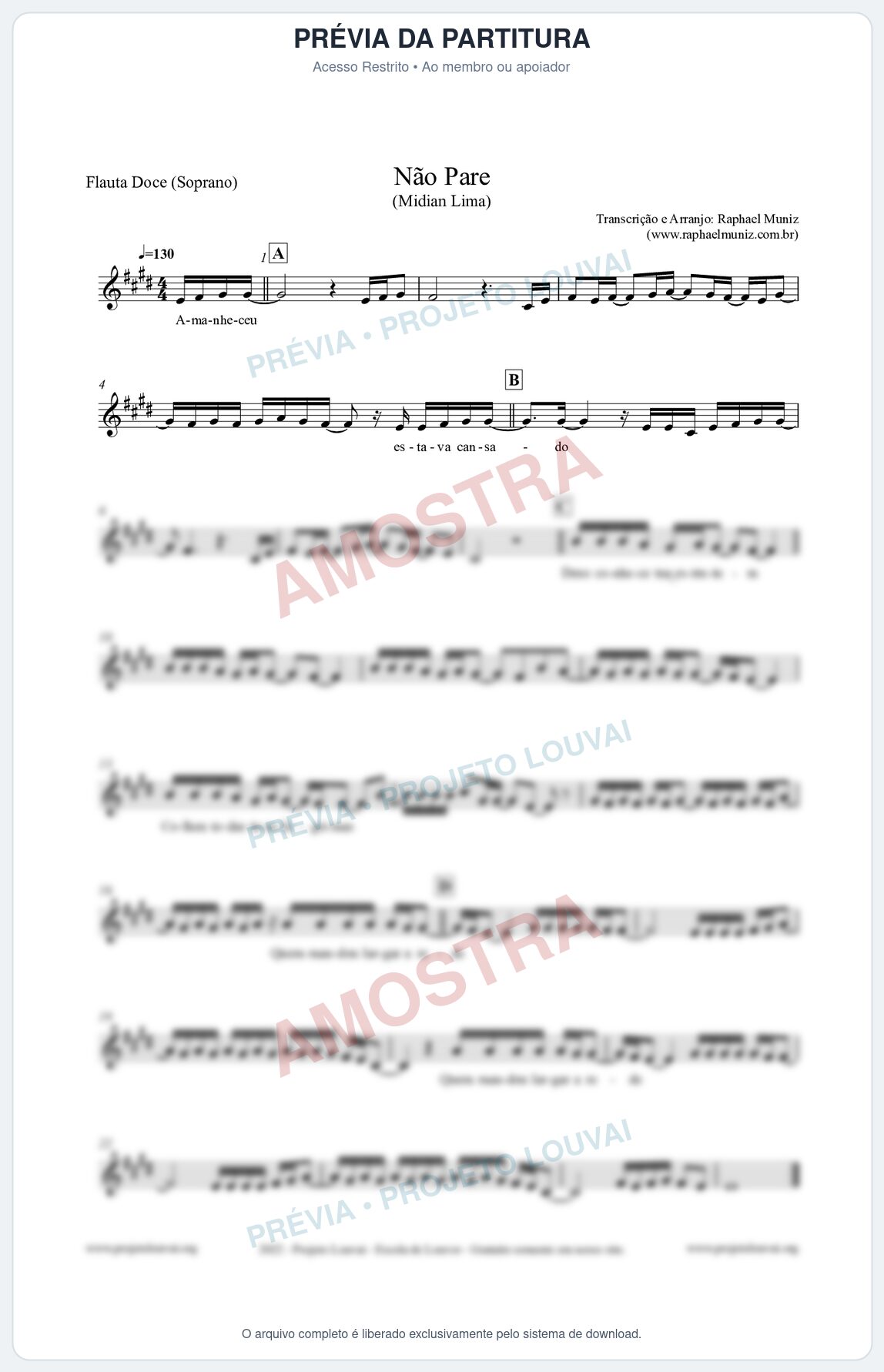 Prévia protegida da primeira página da partitura Partitura para Flauta Doce (Soprano) - Não Pare - Midian Lima