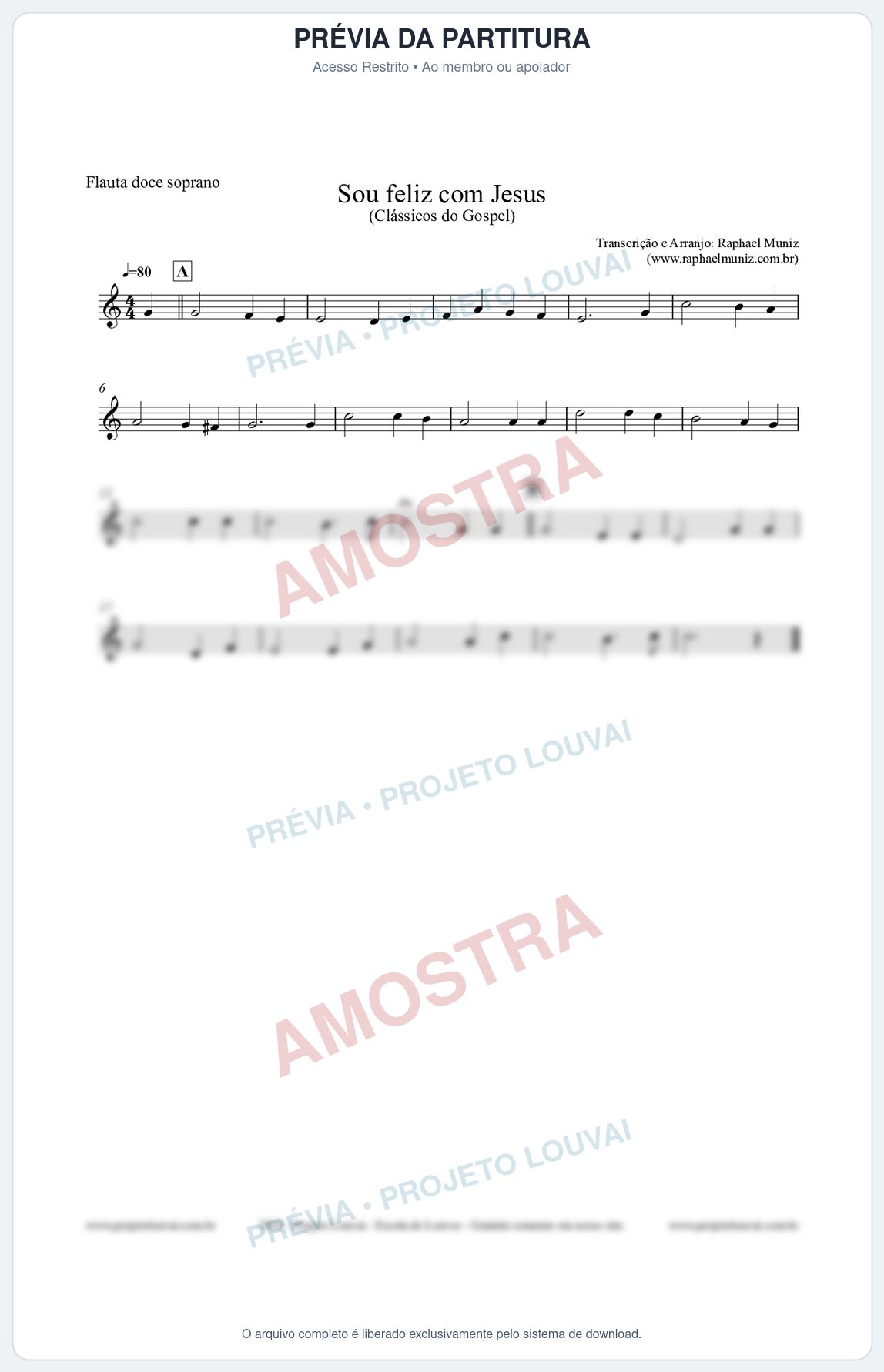 Prévia protegida da primeira página da partitura Partitura para Flauta Doce (Soprano) - Sou feliz com Jesus - Clássicos do Gospel
