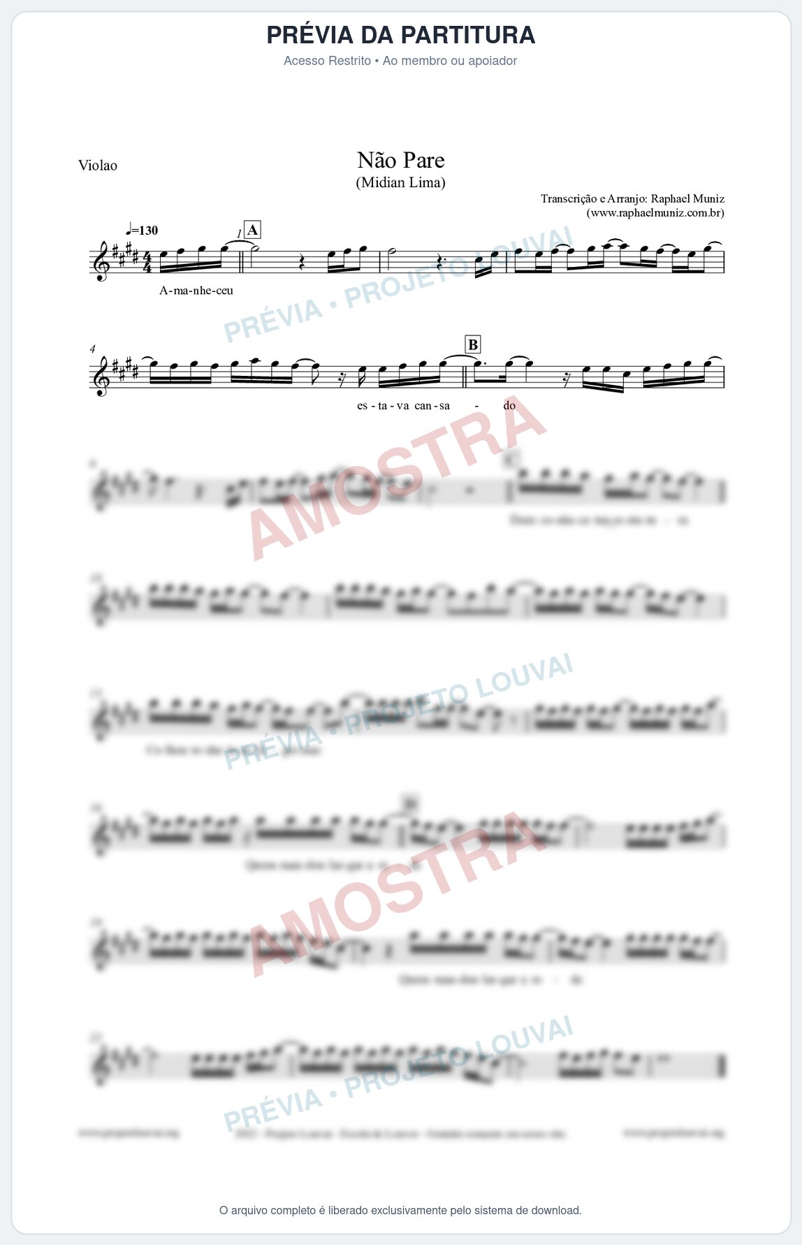 Prévia protegida da primeira página da partitura Partitura para Violão - Não Pare - Midian Lima