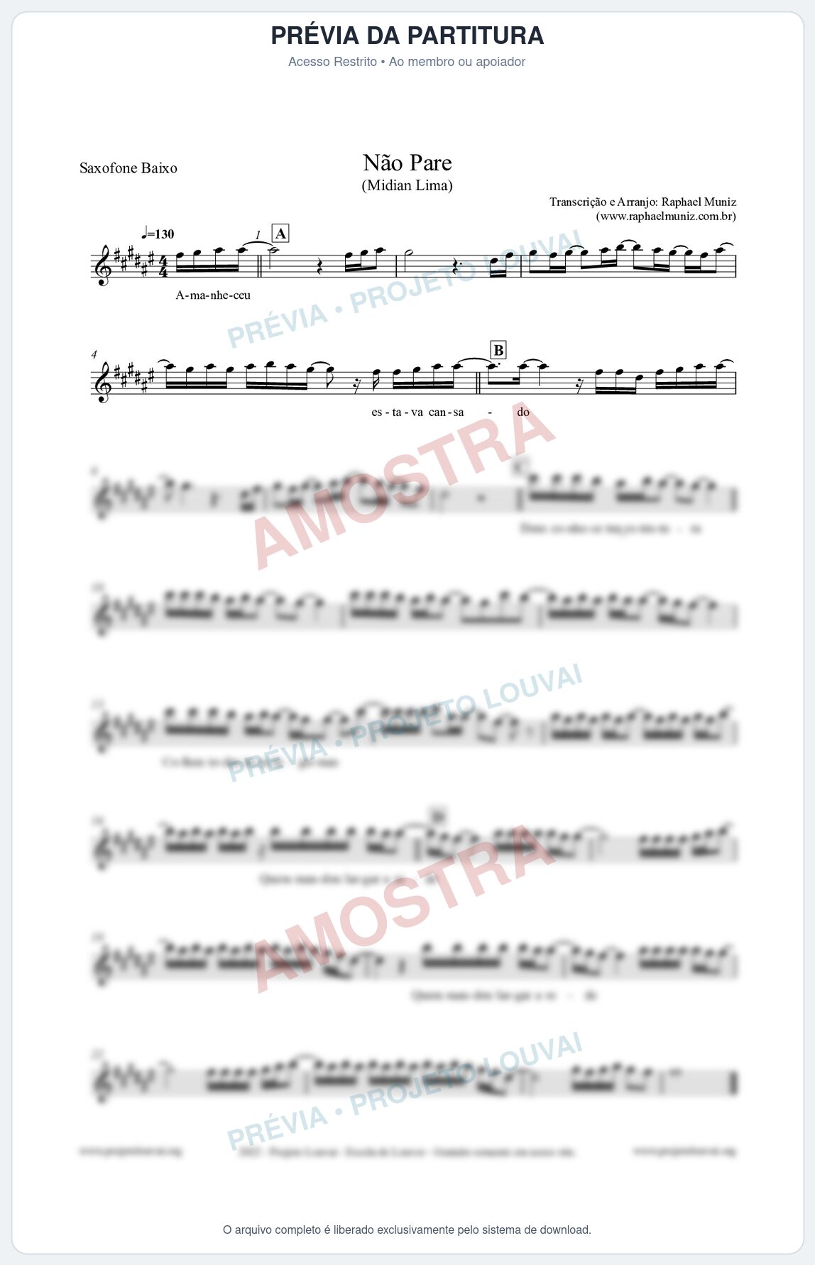 Prévia protegida da primeira página da partitura Partitura para Saxofone Baixo - Não Pare - Midian Lima