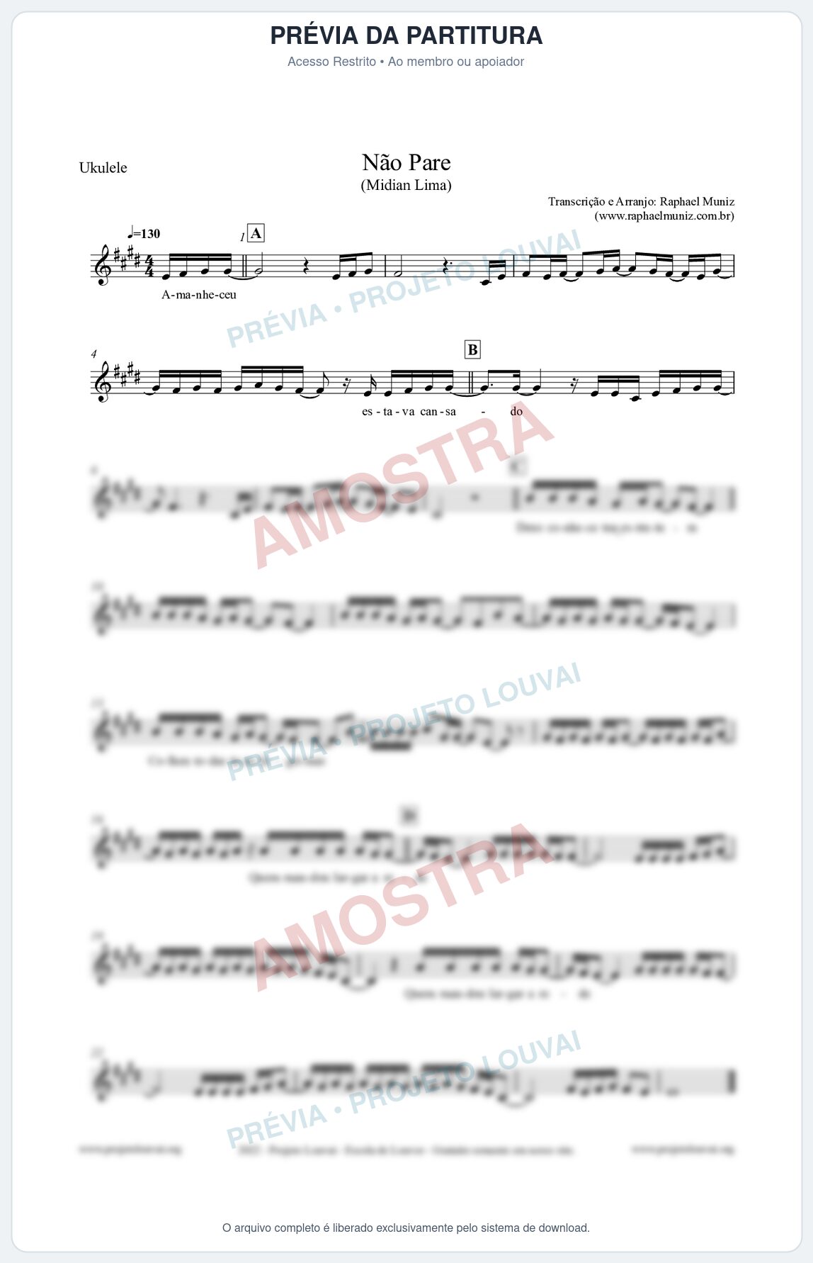 Prévia protegida da primeira página da partitura Partitura para Ukulele - Não Pare - Midian Lima