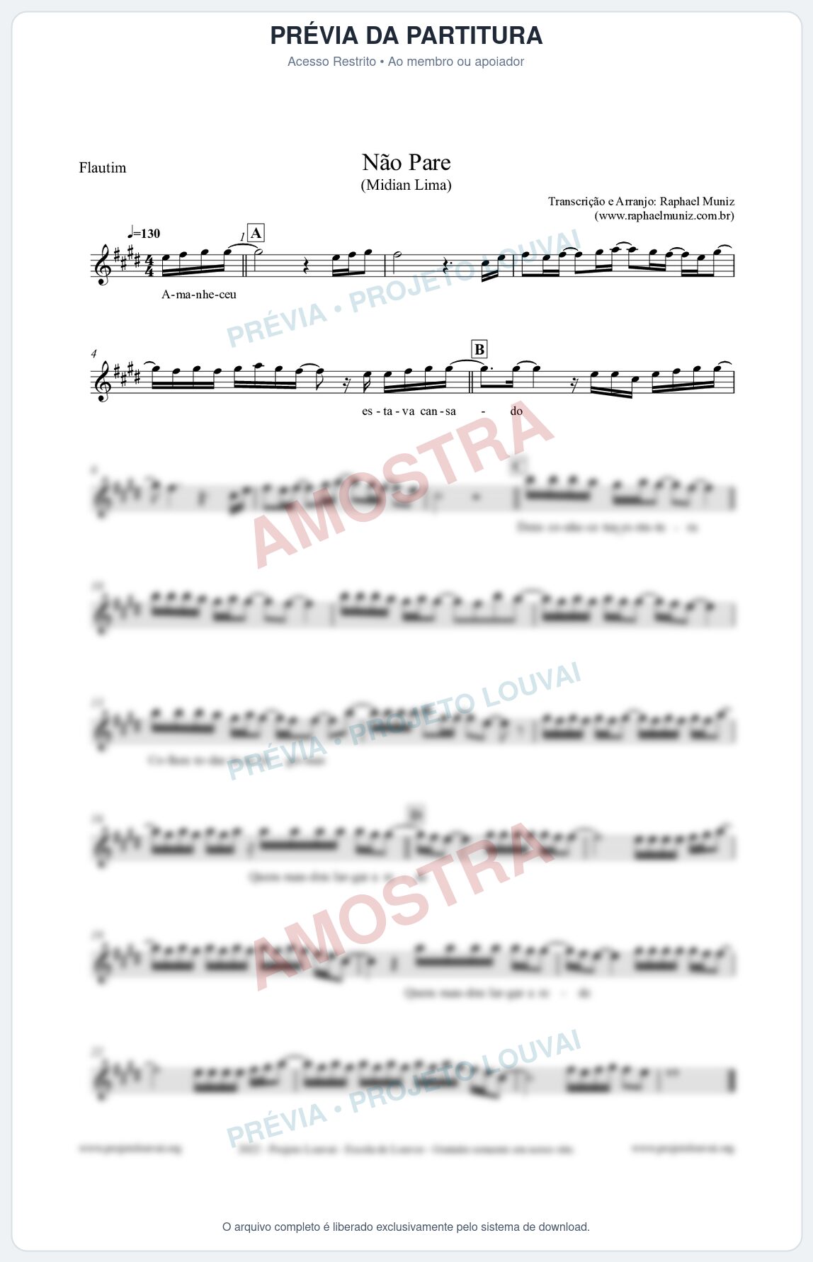 Prévia protegida da primeira página da partitura Partitura para Flautim - Não Pare - Midian Lima