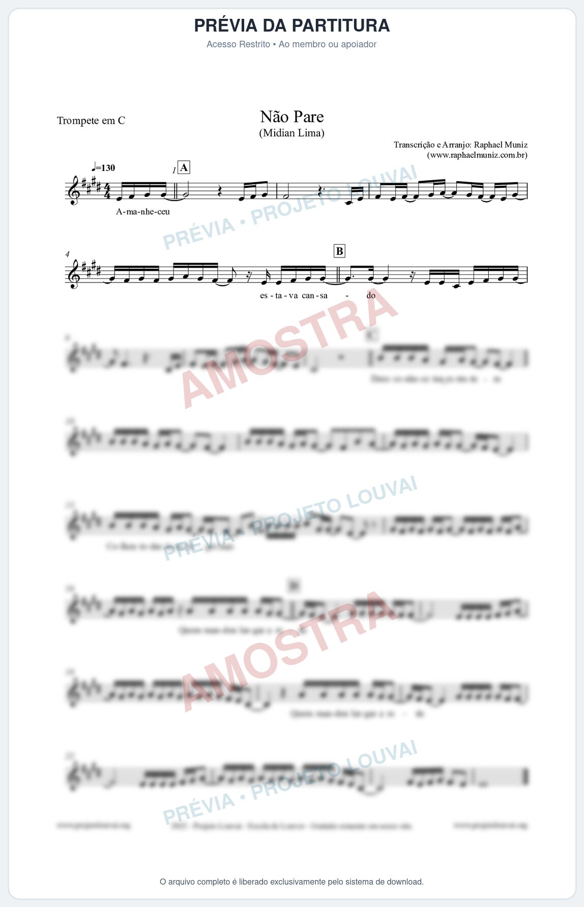 Prévia protegida da primeira página da partitura Partitura para Trompete em C - Não Pare - Midian Lima