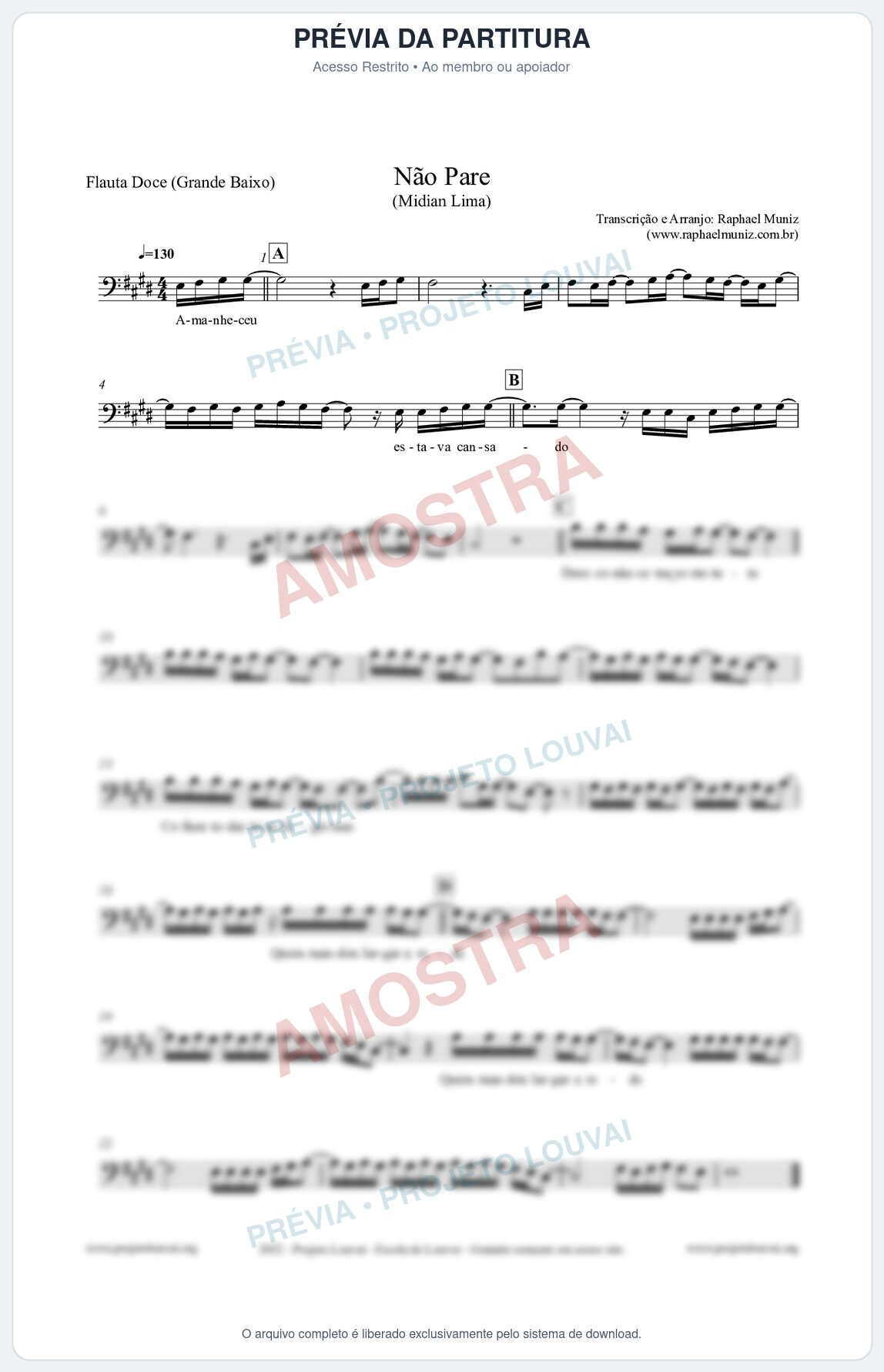 Prévia protegida da primeira página da partitura Partitura para Flauta Doce (Grande Baixo) - Não Pare - Midian Lima