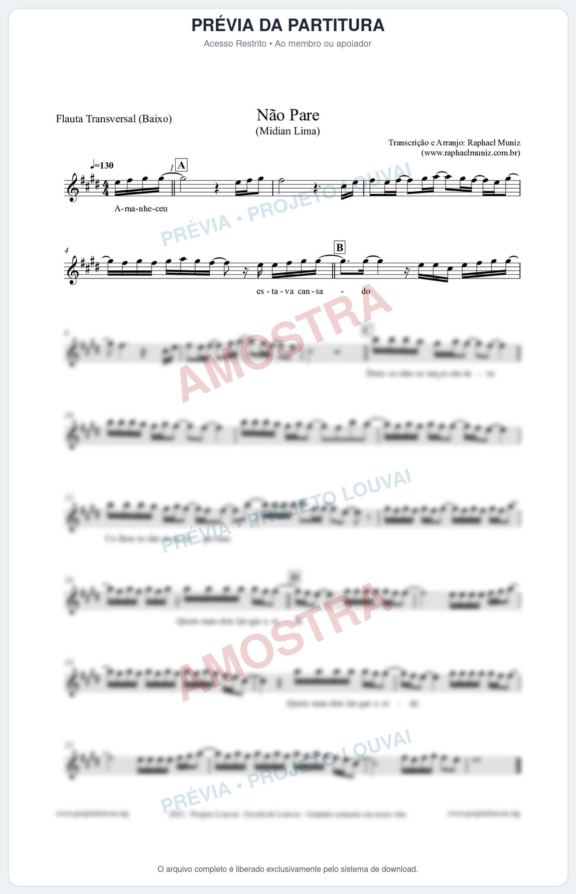 Prévia protegida da primeira página da partitura Partitura para Flauta Transversal (Baixo) - Não Pare - Midian Lima