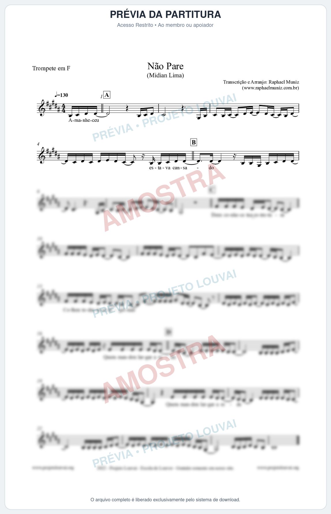 Prévia protegida da primeira página da partitura Partitura para Trompete em F - Não Pare - Midian Lima