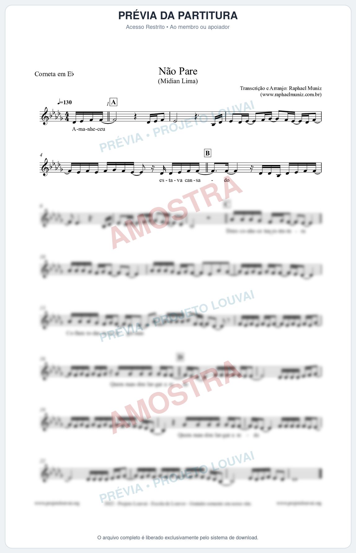 Prévia protegida da primeira página da partitura Partitura para Corneta em Eb - Não Pare - Midian Lima