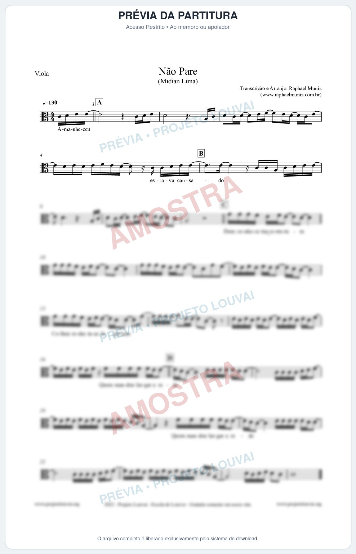 Prévia protegida da primeira página da partitura Partitura para Viola - Não Pare - Midian Lima