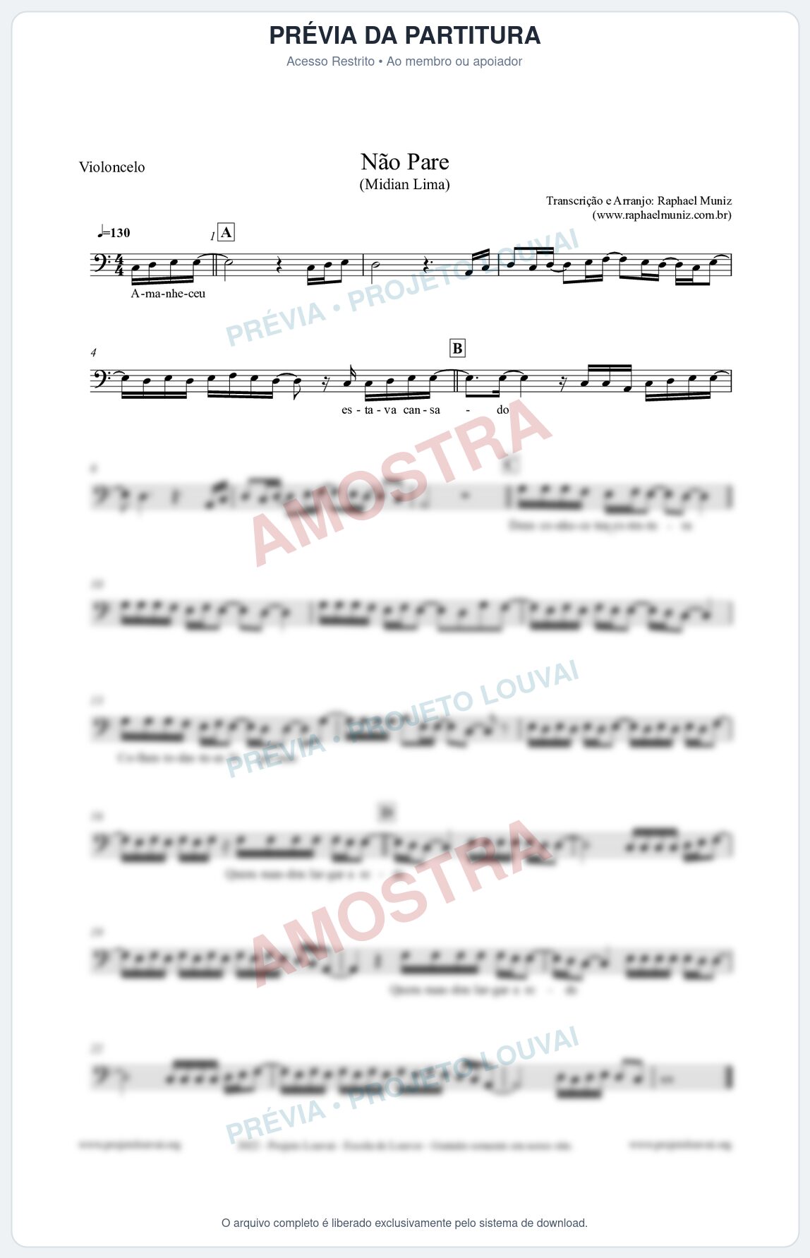 Prévia protegida da primeira página da partitura Partitura para Violoncelo - Não Pare - Midian Lima