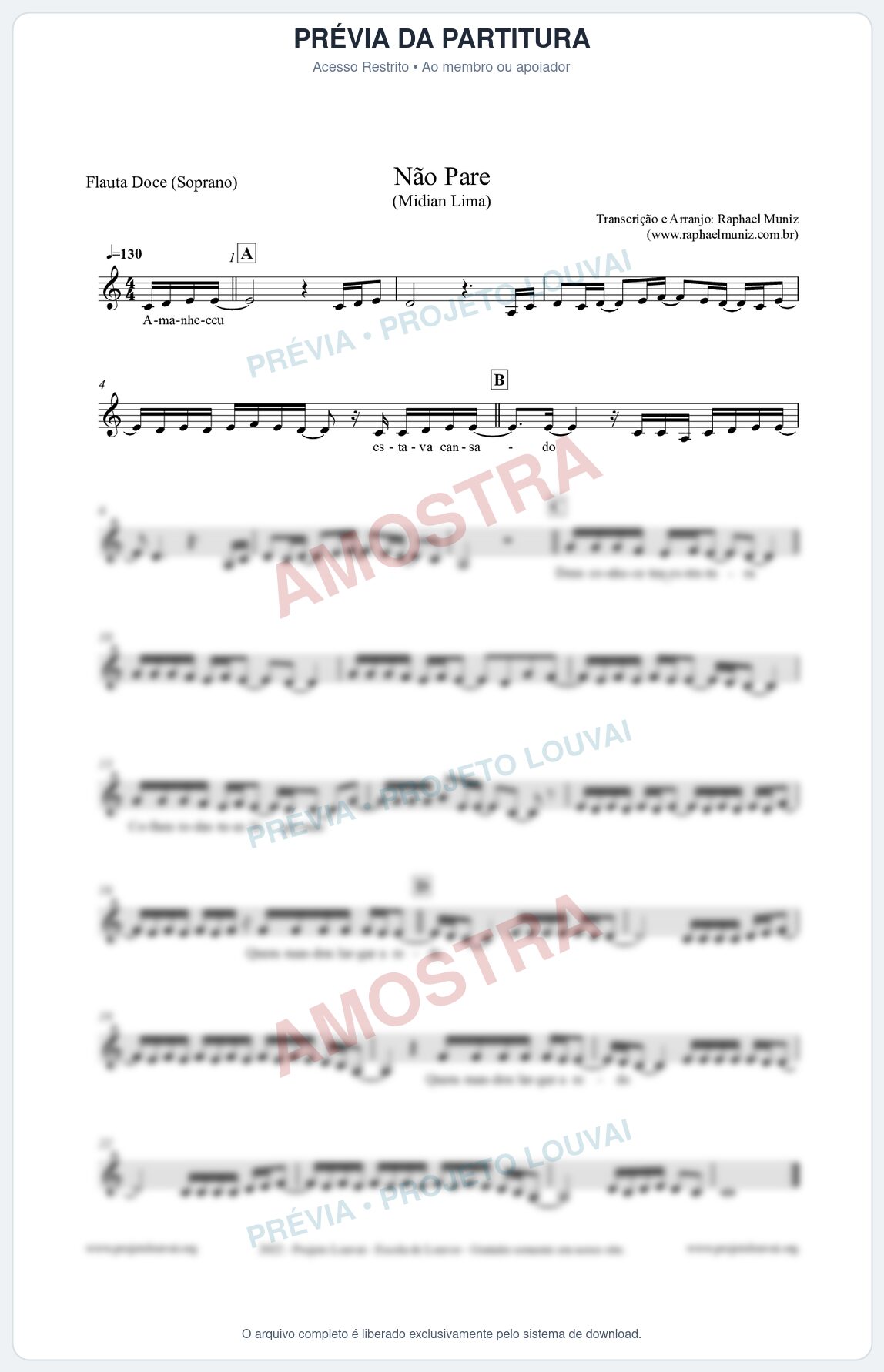Prévia protegida da primeira página da partitura Partitura para Flauta Doce (Soprano) - Não Pare - Midian Lima