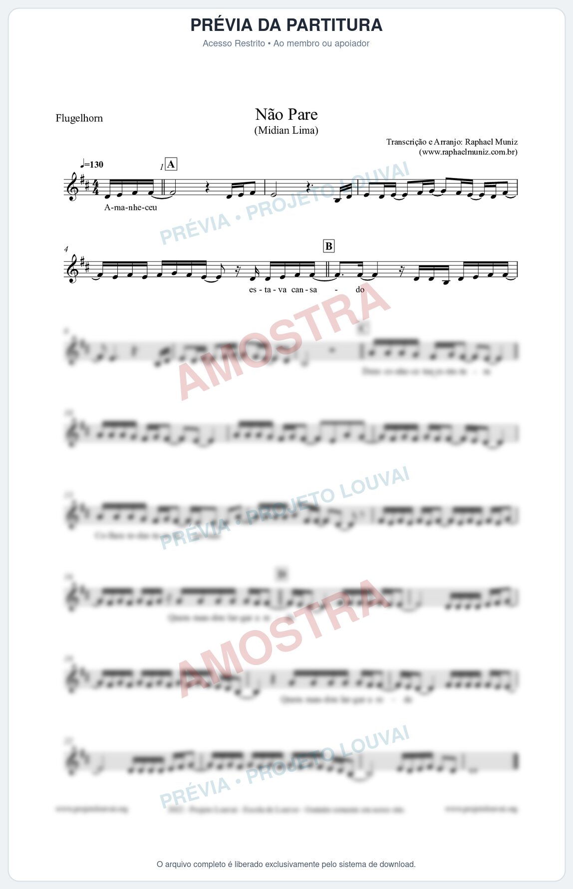 Prévia protegida da primeira página da partitura Partitura para Flugelhorn - Não Pare - Midian Lima