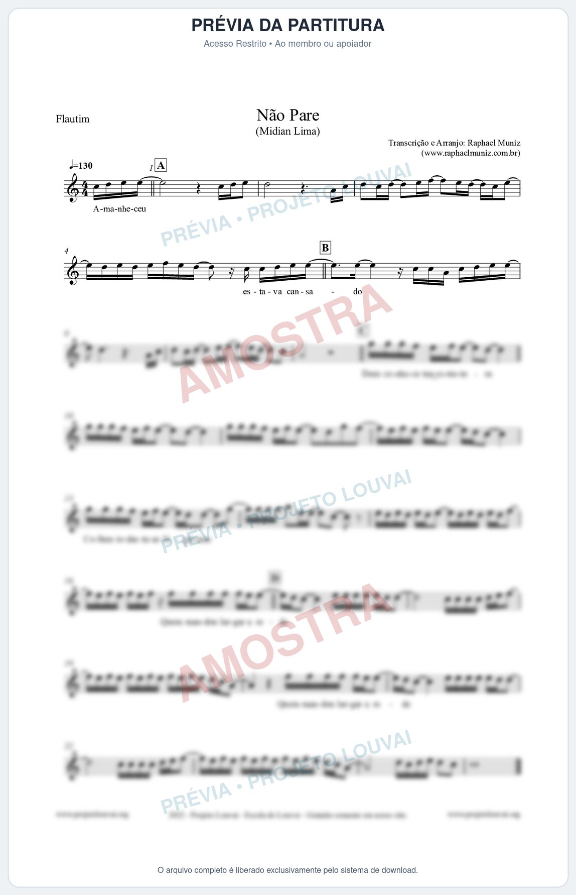 Prévia protegida da primeira página da partitura Partitura para Flautim - Não Pare - Midian Lima