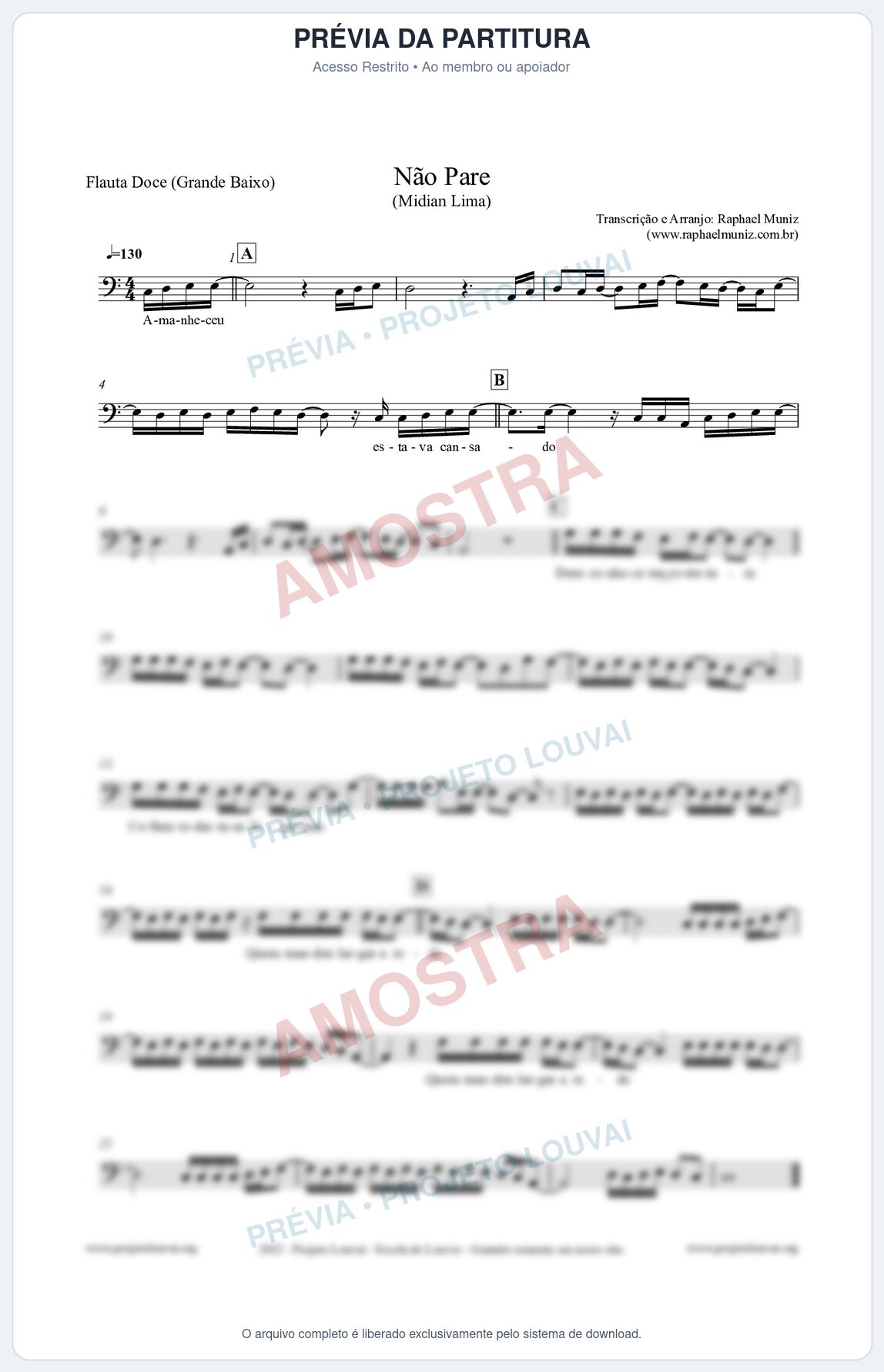 Prévia protegida da primeira página da partitura Partitura para Flauta Doce (Grande Baixo) - Não Pare - Midian Lima